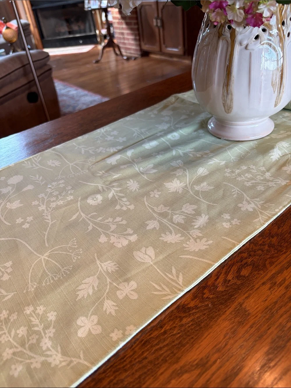 Green Floral Jacquard Table Runner with Pom Trim